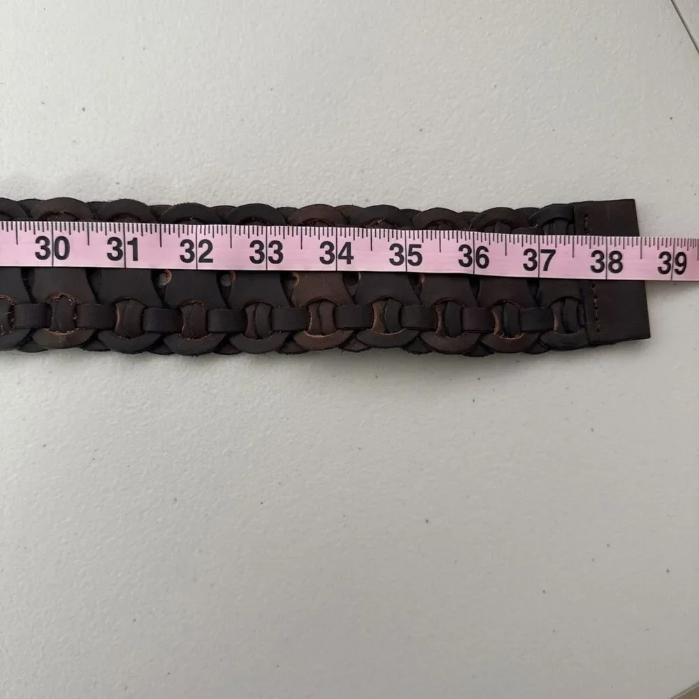 Brown Woven Linked Leather Belt with Silver Colored Round Buckle Size Medium